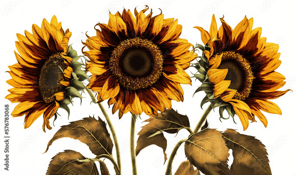  a painting of three sunflowers with leaves on a white background with a white back ground and a whi