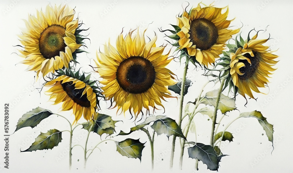  a painting of three sunflowers with leaves on a white background with watercolors on the bottom of 