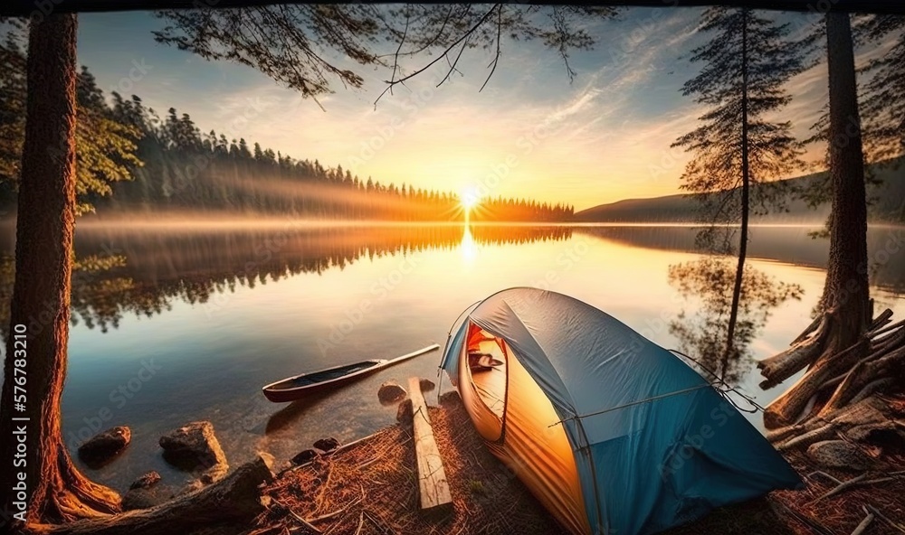  a tent pitched up on the shore of a lake with a boat in the water and the sun setting in the distan