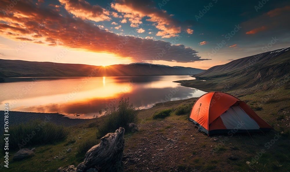  a tent is pitched up on a grassy hill near a lake at sunset with a beautiful sky in the background 