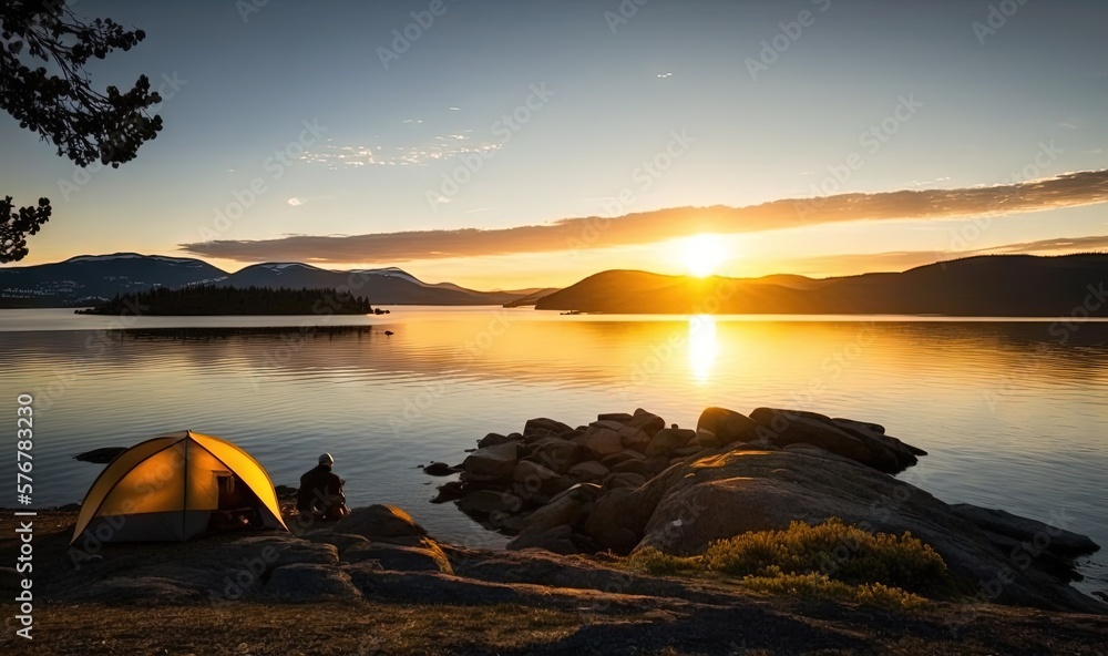  a tent is set up on the shore of a lake as the sun sets in the distance with mountains in the dista