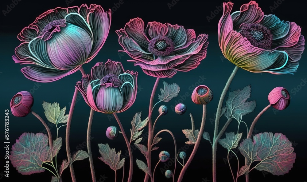  a group of flowers that are on a black background with blue and pink flowers in the middle of the p