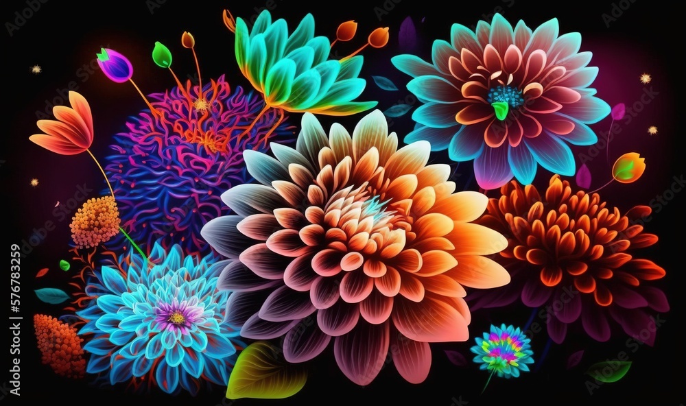  a bunch of flowers that are on a black background with a black background and a black background wi