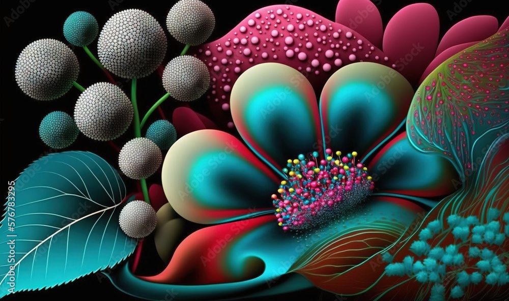  a painting of flowers and leaves on a black background with a black background and a black backgrou