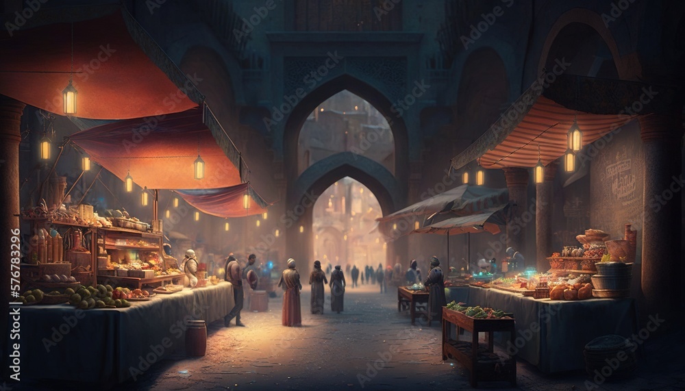 Illustration of eastern busy bazaar in the evening. Open shop and customers. Generative AI