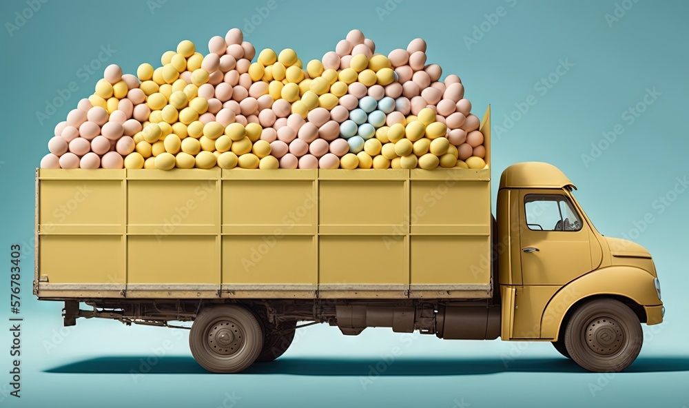  a yellow truck filled with lots of balls on top of its flatbed truck bed on a light blue backgroun