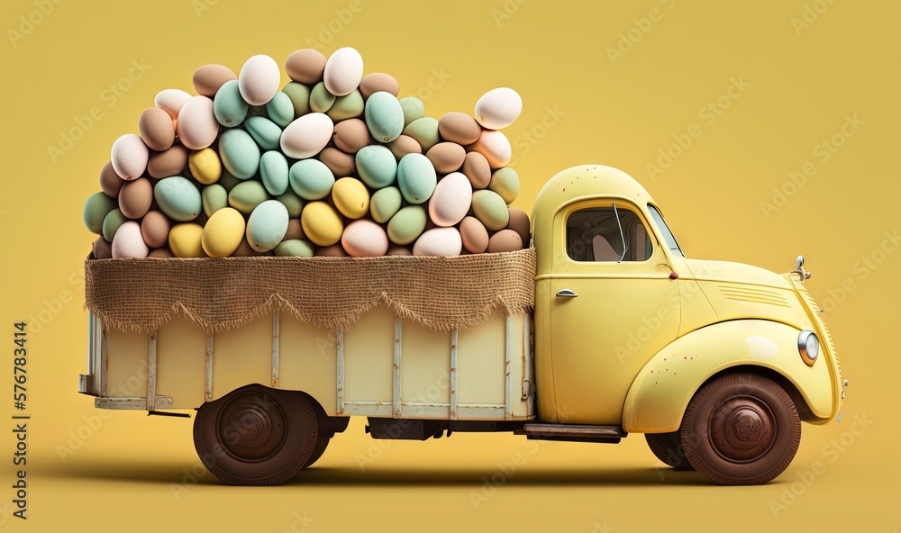  a yellow truck with eggs on the back of its bed and a yellow background with a yellow background a