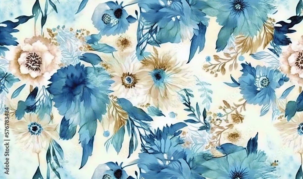  a blue and white flower pattern on a white background with blue leaves and flowers on a light blue 