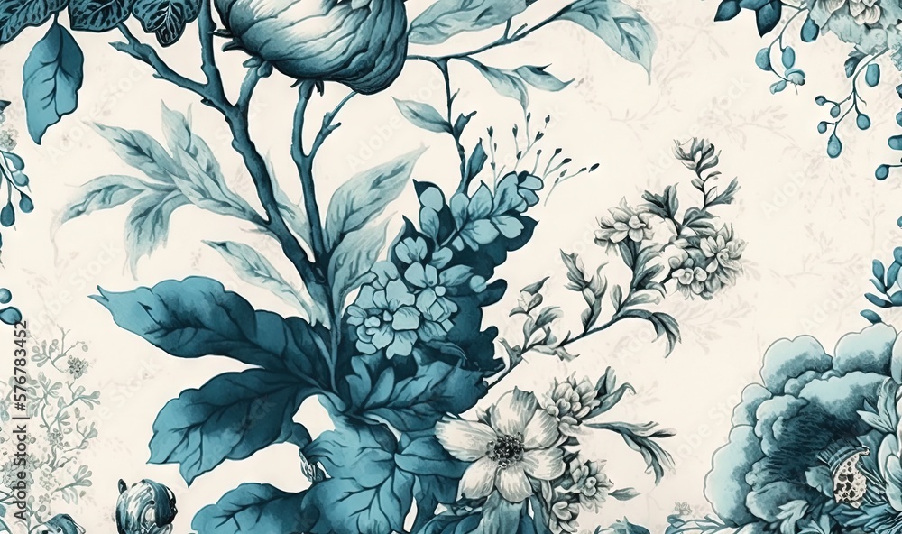  a blue and white floral wallpaper with blue and white flowers and leaves on a white background with