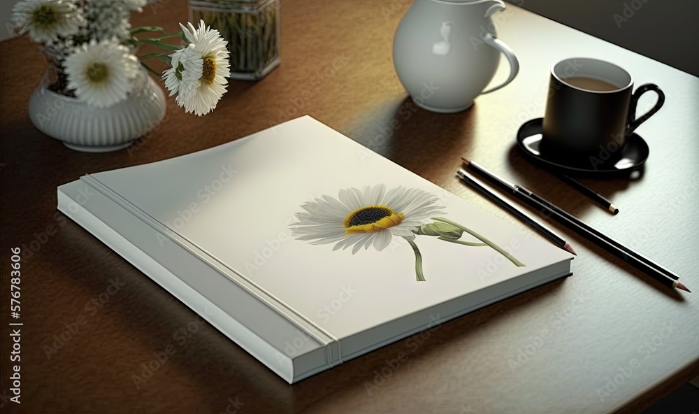  a book with a flower on it sitting on a table next to a cup of coffee and a vase with flowers in it