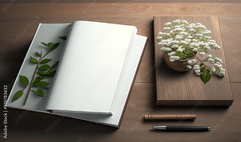  an open book with a plant and a pen on a wooden table next to a pen and a flower pot on a wooden ta