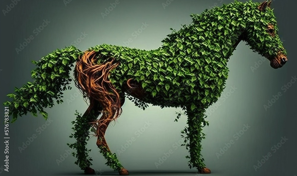  a horse made out of leaves and vines on a gray background with a black background and a green backg