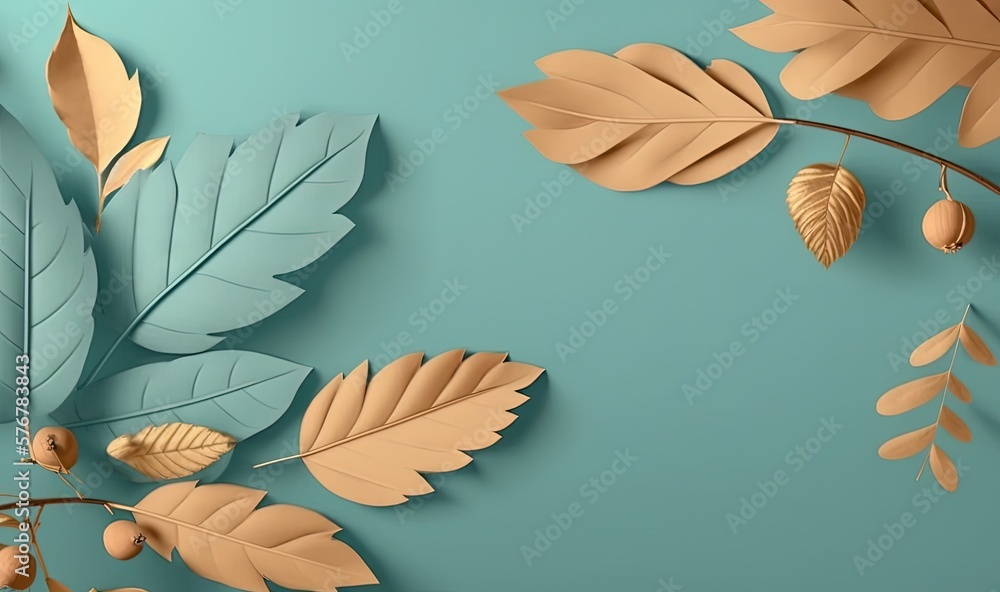  a paper cut of leaves and acorns on a blue background with a gold leaf and acorn on the left side o