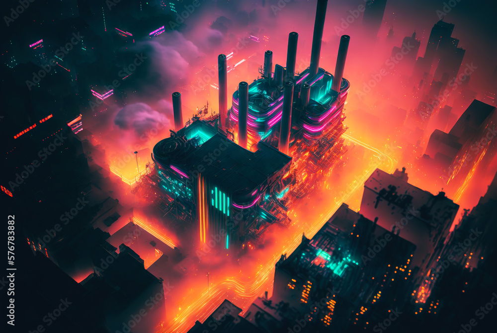 Bird-eye view on cyberpunk neon city at night. Fog and glowing lights. Generative AI