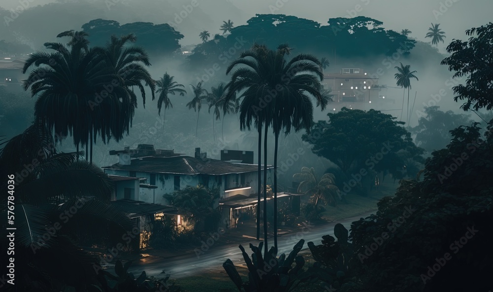  a house in the middle of a forest with palm trees in the foreground and a foggy sky in the backgrou