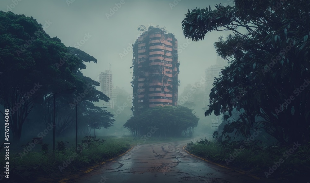  a very tall building sitting in the middle of a forest filled with tall buildings in the foggy day 