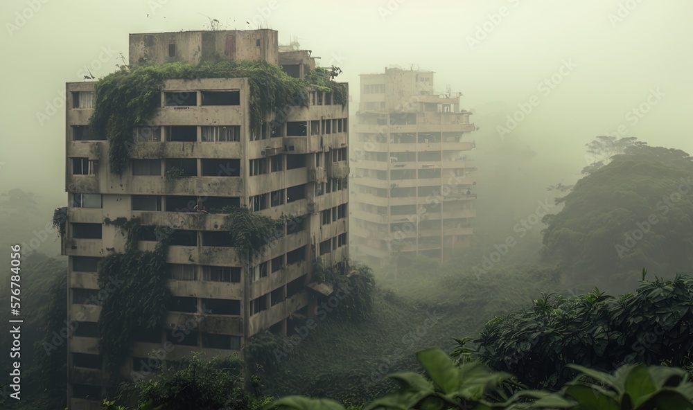  a couple of tall buildings sitting in the middle of a forest filled with green trees and bushes on 