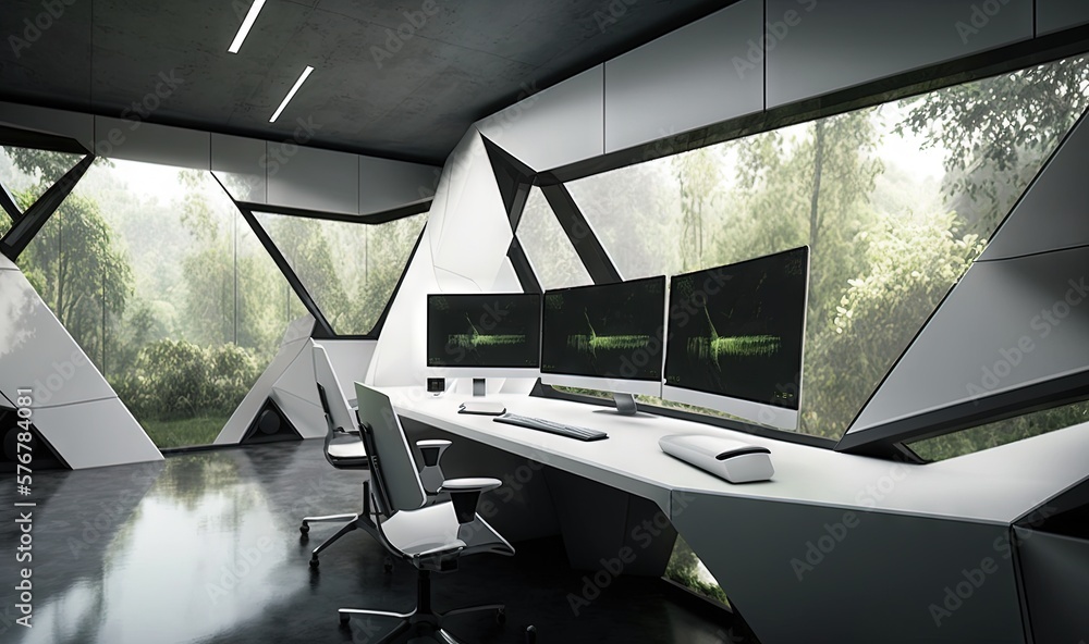  a computer desk with two monitors and a keyboard in a room with a lot of windows and a lot of trees