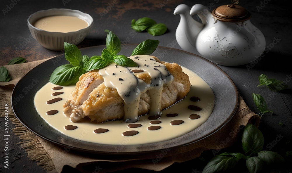  a plate of food on a table with a tea pot and saucer in the background and a cup of tea in the fore