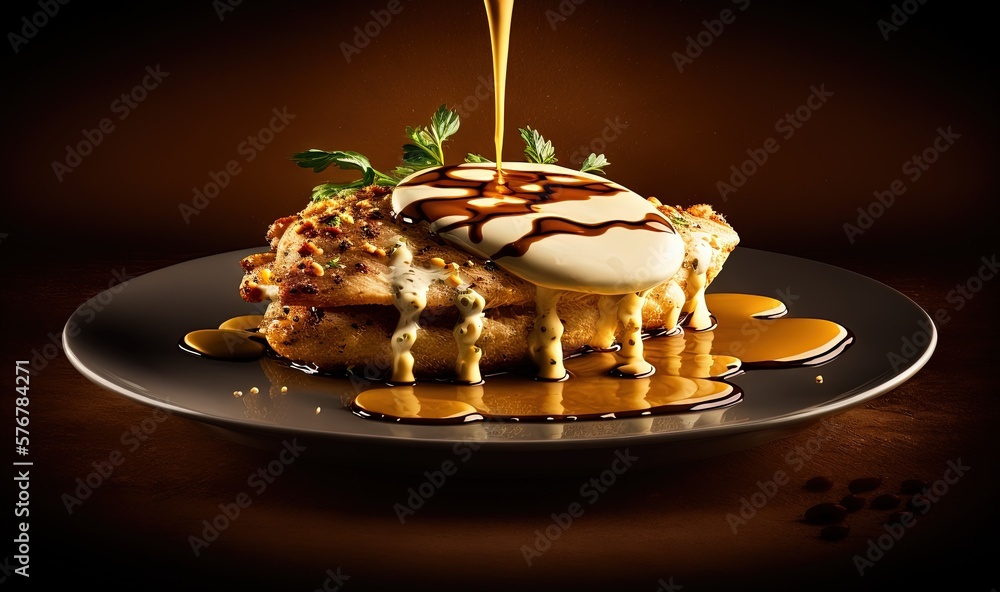  a dessert with caramel sauce and a drizzle of caramel on top on a black plate on a brown table with