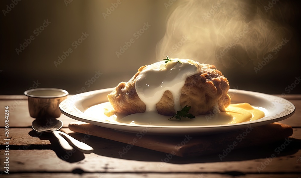  a plate of food on a table with a cup of coffee and a spoon on the side of the plate, with steam ri