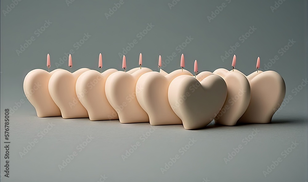  a row of candles with a heart shaped candle holder in the middle of the row of candles, with one ca