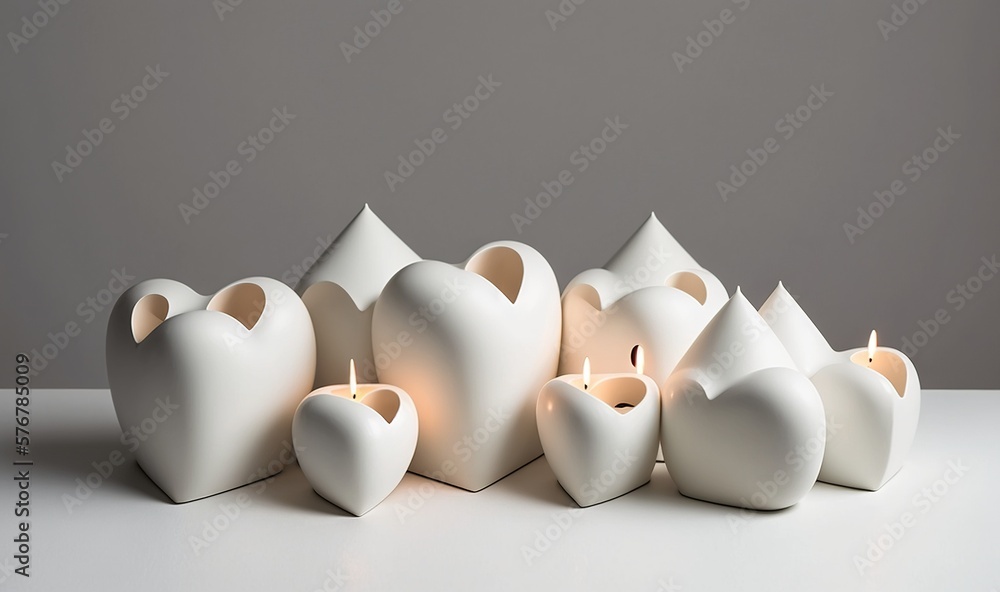  a group of white vases sitting on top of a white table next to each other with a lit candle in the 