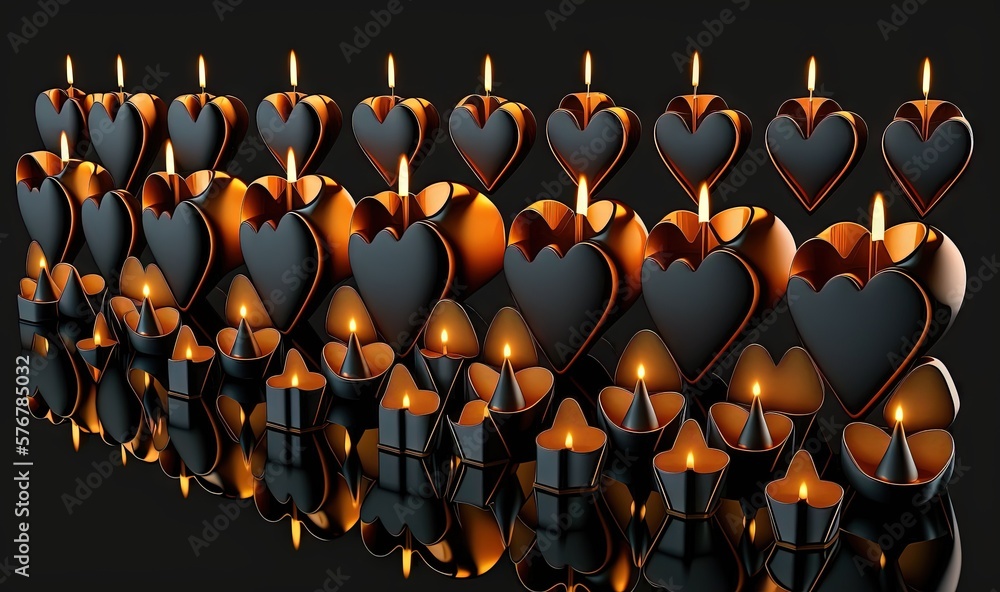  a bunch of candles that are in the shape of heart shaped shapes on a black background with a reflec