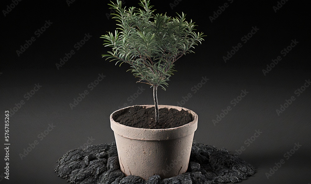  a potted plant is sitting on a rock on a black surface with a black background and a black backgrou