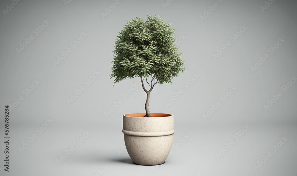  a potted plant with a tree in it on a gray background with a shadow from the bottom of the pot and 