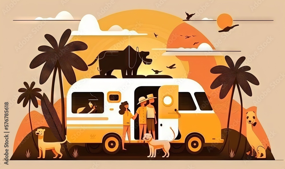  a man and a woman standing in front of a van with animals on the roof and palm trees in the backgro