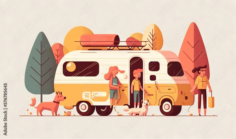  a couple of people standing next to a yellow van with a dog on a leash and a dog on a leash in fron