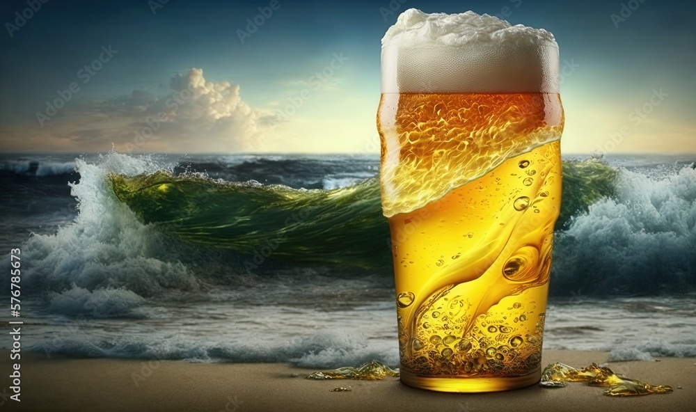  a glass of beer sitting on top of a beach next to a wave and a wave crashing into the ocean with a 