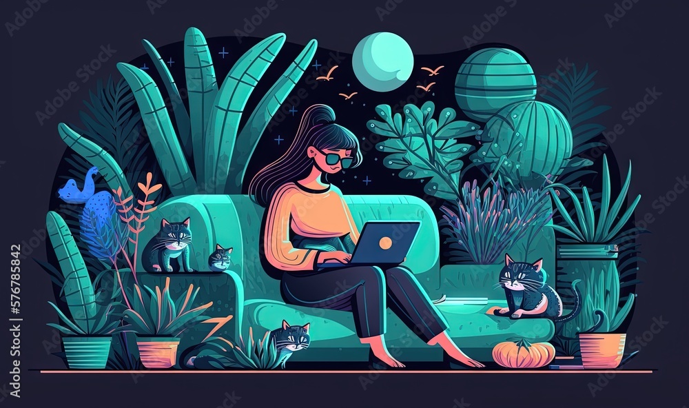  a woman sitting on a couch with a laptop in front of her and a cat sitting on the couch next to her