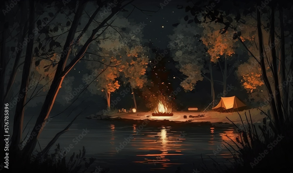  a painting of a campfire in the woods by a lake at night with a tent on the shore and a campfire in