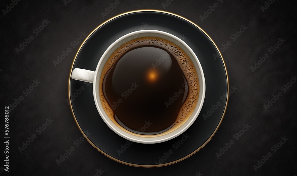  a cup of coffee on a saucer on a black table top with a gold trim around the edge of the cup and sa