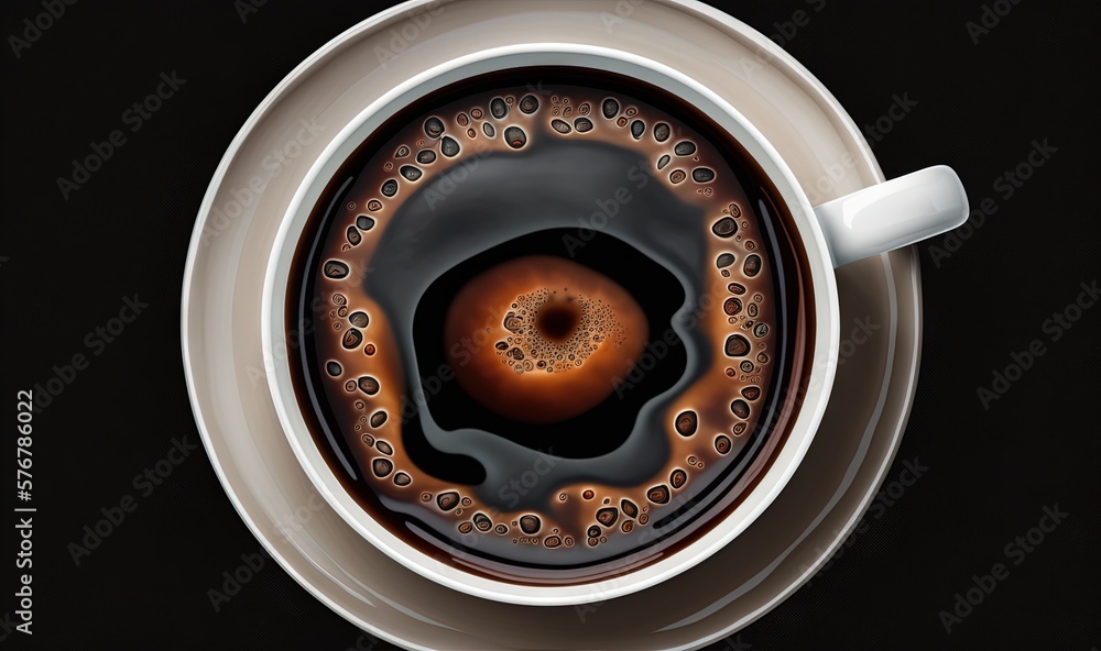  a cup of coffee with a saucer on top of it and a spoon in the middle of the cup, with a black backg