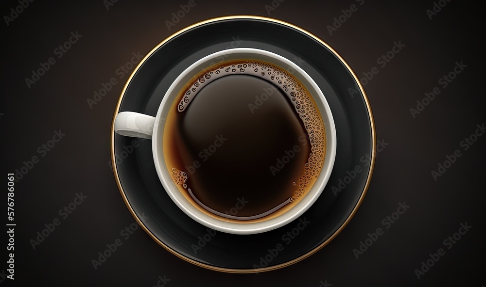  a cup of coffee with a saucer on a saucer on a black background with a gold trim around the edge of