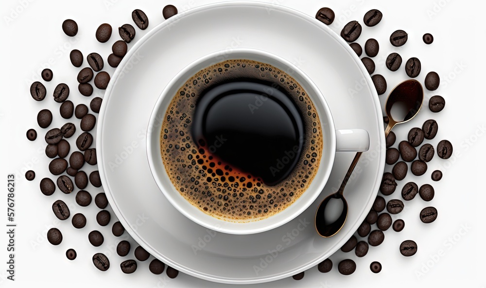  a cup of coffee surrounded by coffee beans and spoons on a white saucer with a black liquid in the 