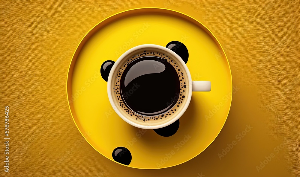  a cup of coffee sitting on top of a saucer on a yellow tablecloth with black dots on the rim of the