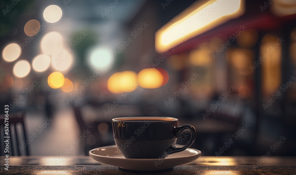  a cup of coffee sitting on top of a saucer on a table in front of a restaurant with a blurry street