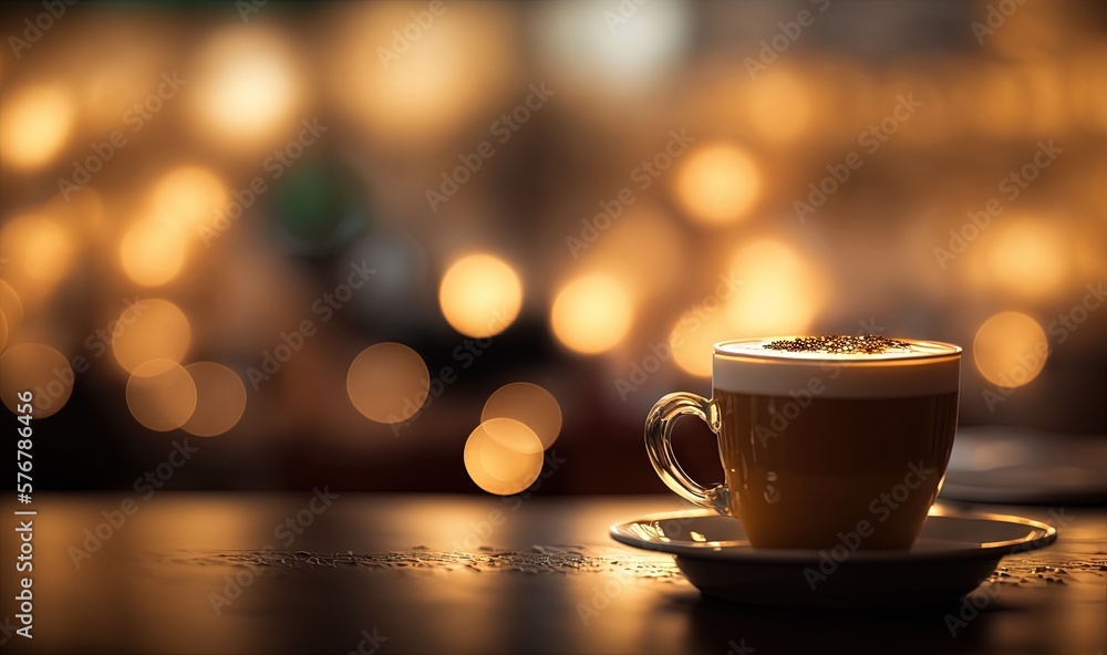  a cup of coffee sitting on top of a wooden table next to a wall of lights in a room filled with lig