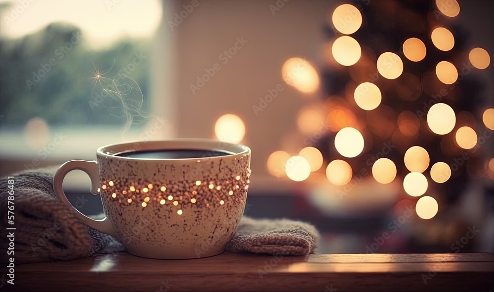  a cup of coffee on a table next to a christmas tree with lights on it and a blanket on the table ne