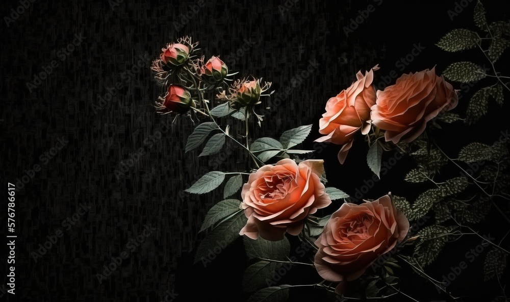  a bunch of flowers that are sitting on a black tablecloth with a black background behind them and a