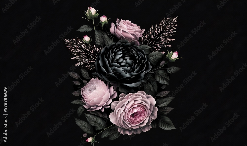  a bunch of flowers that are on a black background with leaves and flowers in the middle of the fram