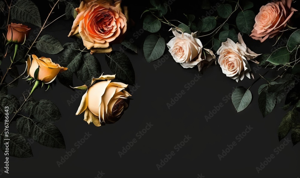  a group of roses with leaves on a black background with a place for a text or a picture to put on a