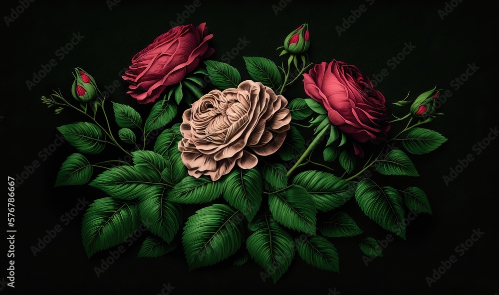  a painting of a bouquet of flowers with green leaves on a black background with a red rose in the m