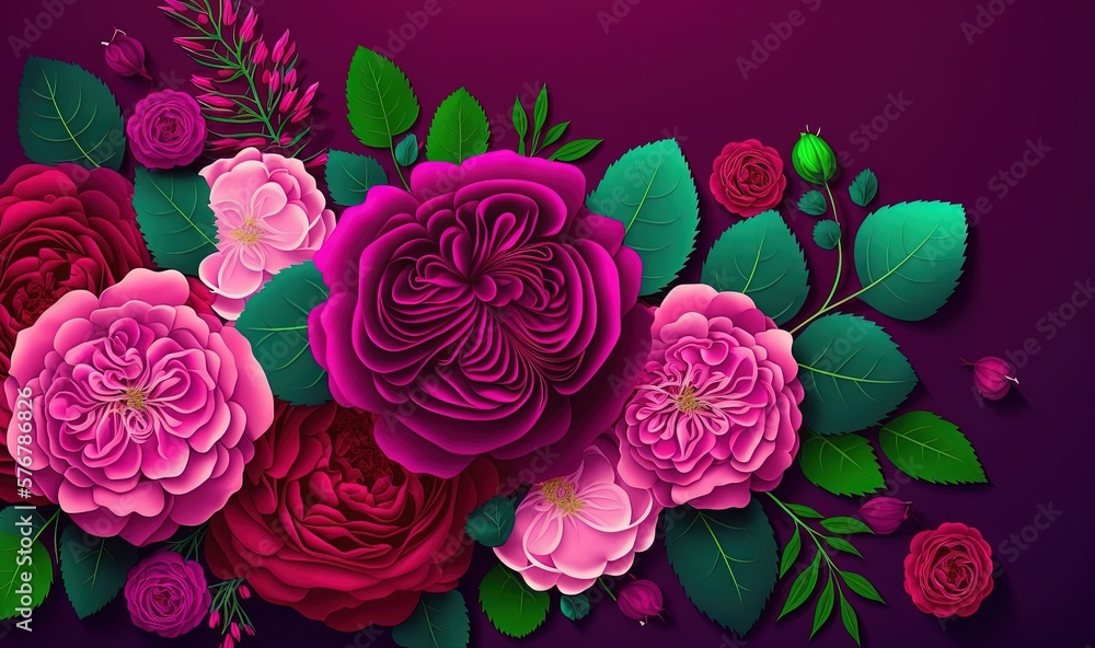  a bunch of flowers that are on a purple surface with leaves and flowers on it, and a purple backgro