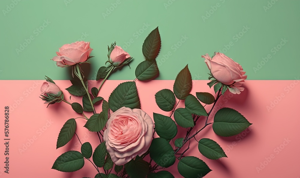  a bouquet of pink roses sitting on top of a pink and green striped tablecloth next to a pink and gr