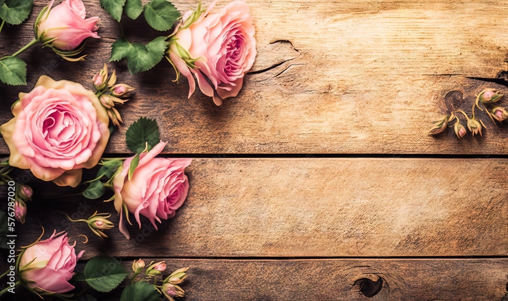  a bunch of pink roses laying on a wooden surface with a place for a text or a picture to be placed 